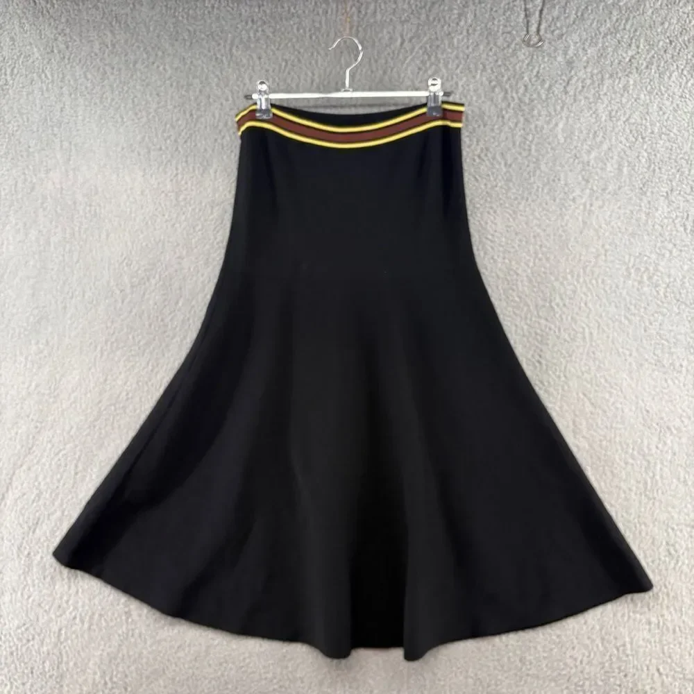 Sandro Paris Black Knit Midi Flare Skirt Striped Waist Size 2
